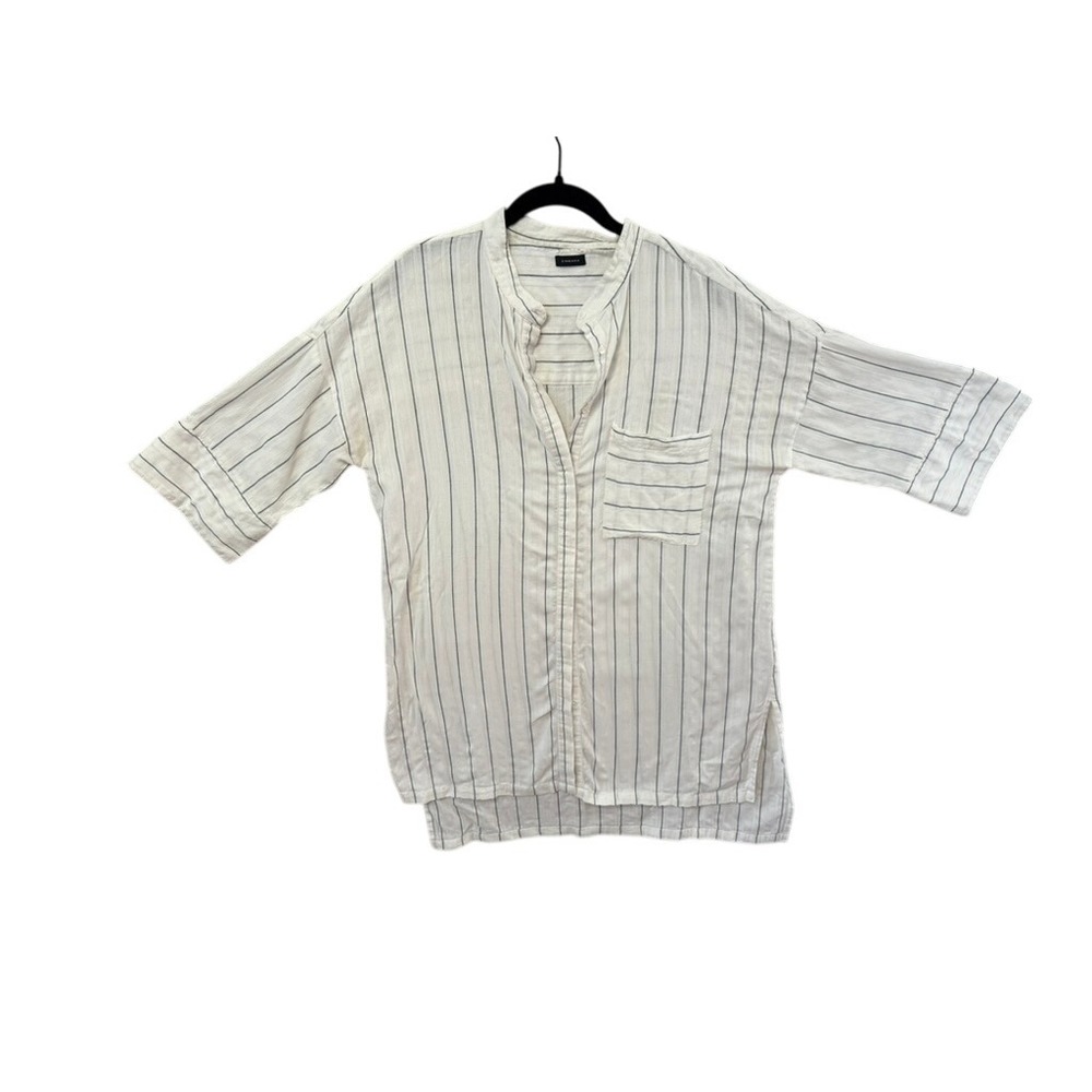 Zingara Striped Tunic Top Womens Shirt Beige Black 3/4 Sleeve Collared Pocket